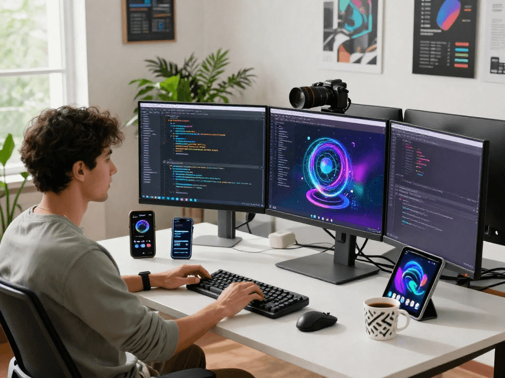 Developer coding with juicy ai tools in a bright tech workspace filled with modern gadgets and greenery.