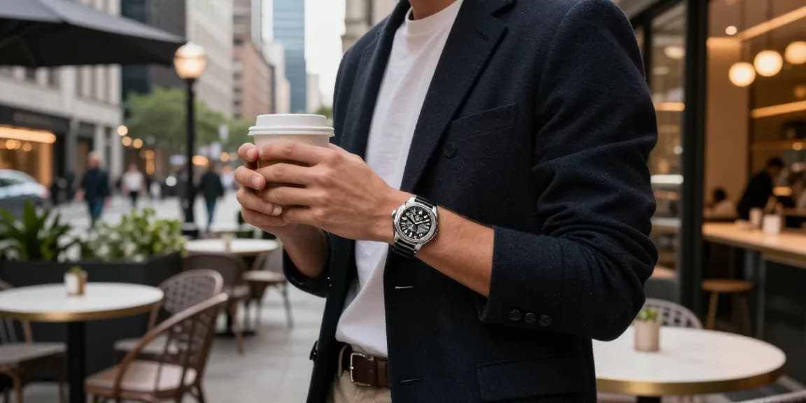 Individual showcasing a premium super clone watch in a vibrant urban setting, highlighting clone watches' elegance.