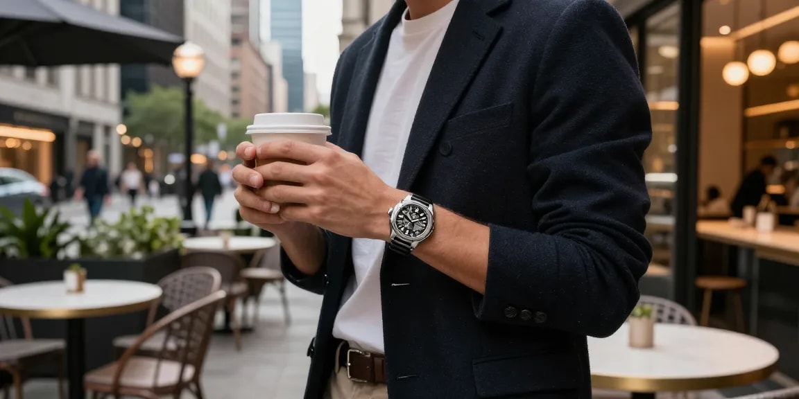 Individual showcasing a premium super clone watch in a vibrant urban setting, highlighting clone watches' elegance.