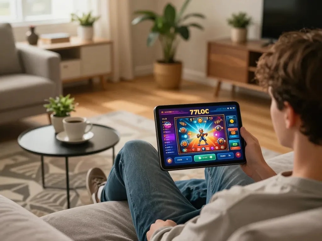 Engaging online gaming with 77LOC app on a tablet, showcasing casino graphics and home comfort.