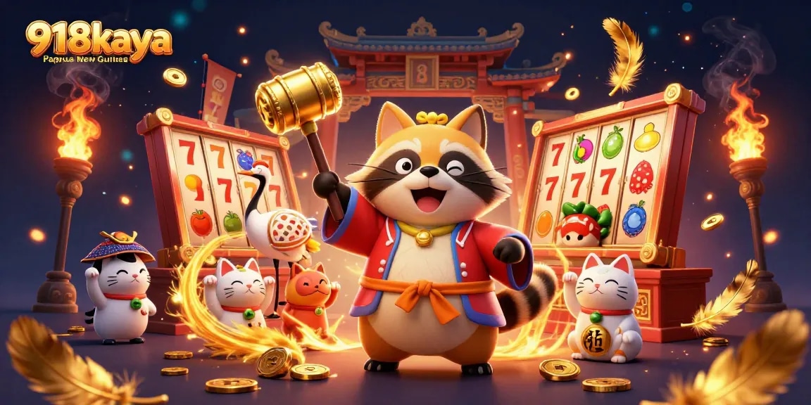 Experience 918kaya Papua New Guinea with vibrant games and festive characters in this exciting casino illustration.
