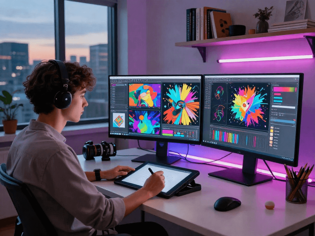 A professional artist using AI NSFW technology to create digital artwork in a modern studio setting.