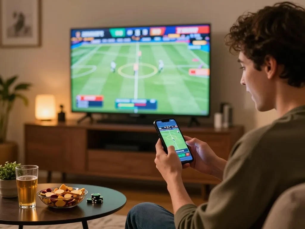 Person engaging in sports betting at home on mobile app, showcasing Net 88 action in a lively atmosphere.