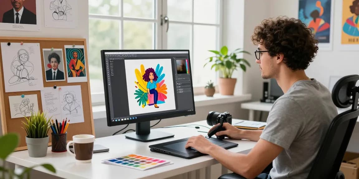 Designer using an image to prompt generator in a vibrant digital art studio.