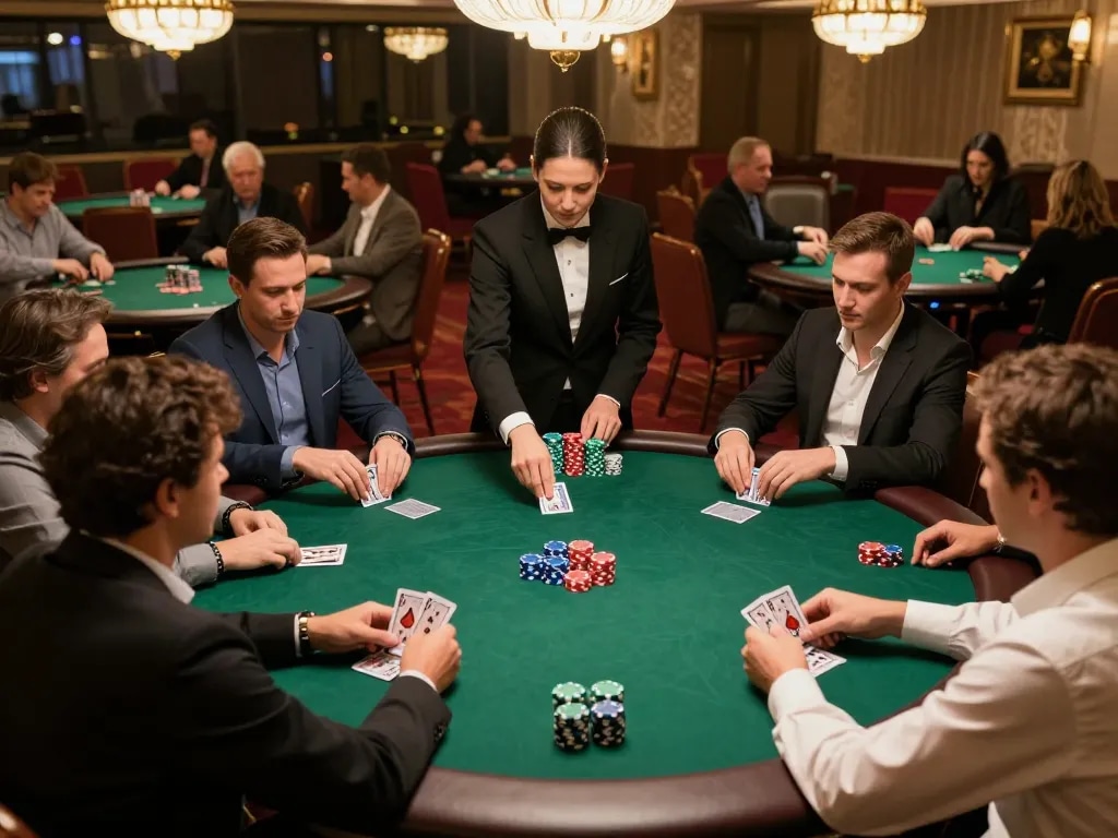 Players engaging in poker gameplay at a luxury casino, showcasing the strategic thrill of 678vip com.