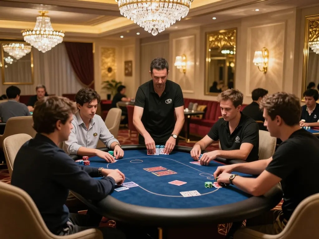 Players strategizing in luxurious jun88 poker room, enhancing the thrill of high-stakes gameplay
