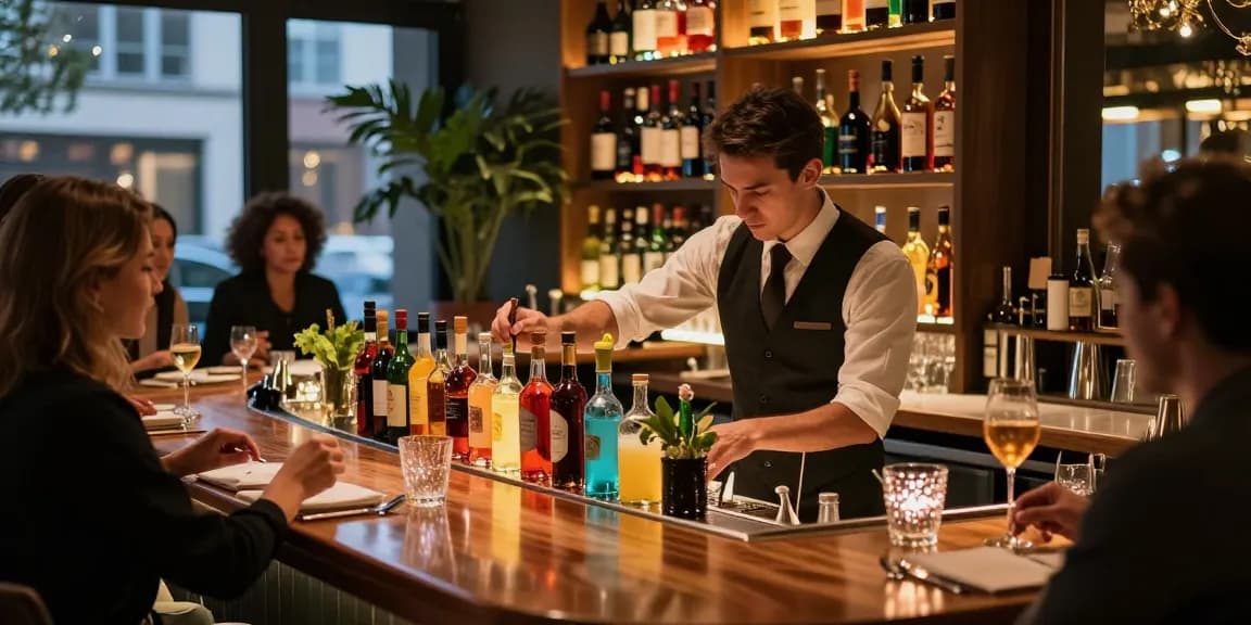 Innovative barware and restaurant supplies in a vibrant setting, showcasing cocktails and elegant glassware.