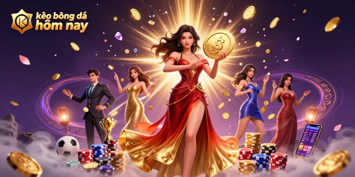 Experience the excitement of kèo bóng đá hôm nay with vibrant graphics showcasing a stunning Asian woman holding a golden coin.