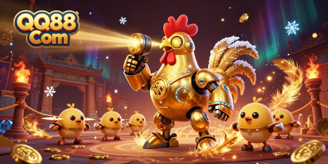 Engage with QQ88 Com while playing thrilling games amidst vibrant casino elements in an exciting 3D illustration.