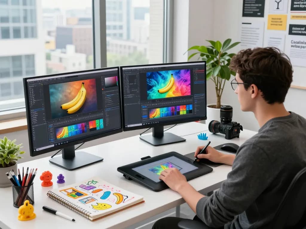 Creative workspace showcasing a designer using nano banana pro for advanced image editing with vibrant screens and artistic elements.