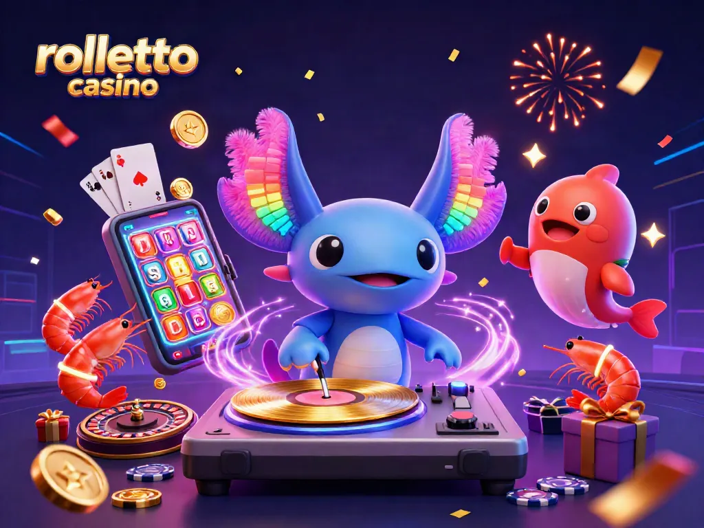 Join the party at rolletto casino with vibrant characters enjoying slot games and dancing shrimp!