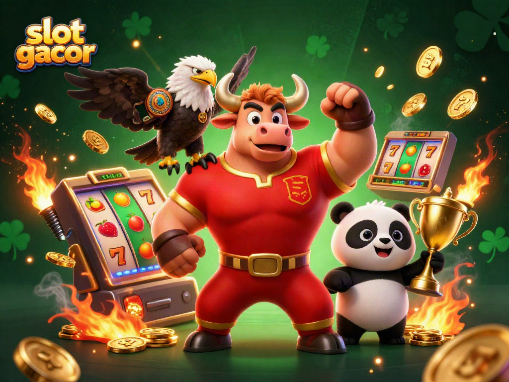 Experience slot gacor excitement with cartoon mascots celebrating wins in a colorful casino scene.