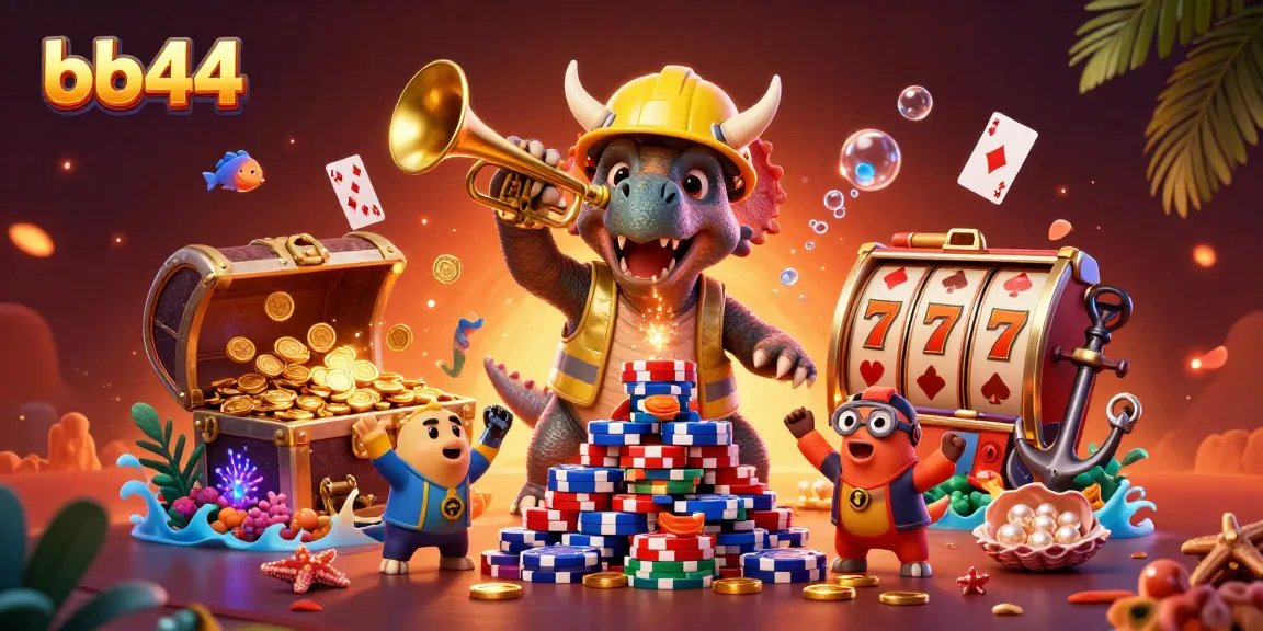 Engaging scene with bb44 characters celebrating at a vibrant casino filled with poker chips and slot reels.