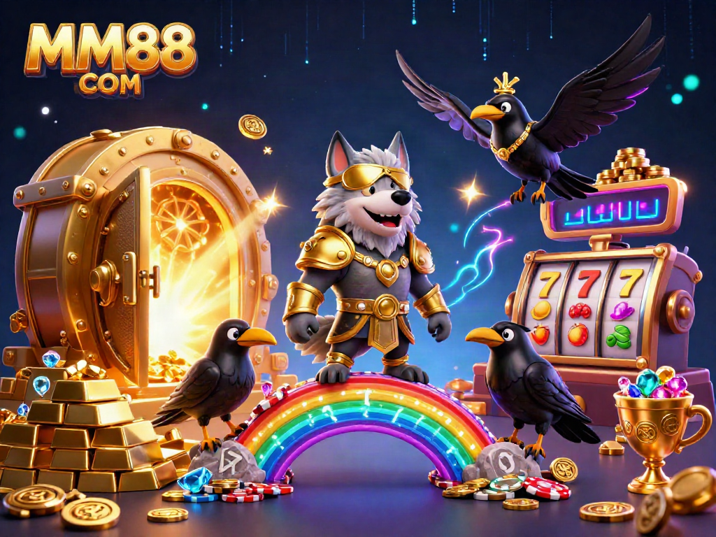 Engage with MM88 COM's captivating casino imagery featuring Norse-inspired characters amidst vibrant slots.