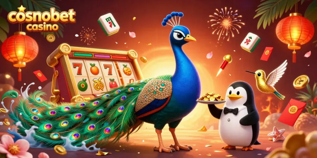 Experience the excitement at cosmobet casino with vibrant characters showcasing thrilling slot games and golden winnings.
