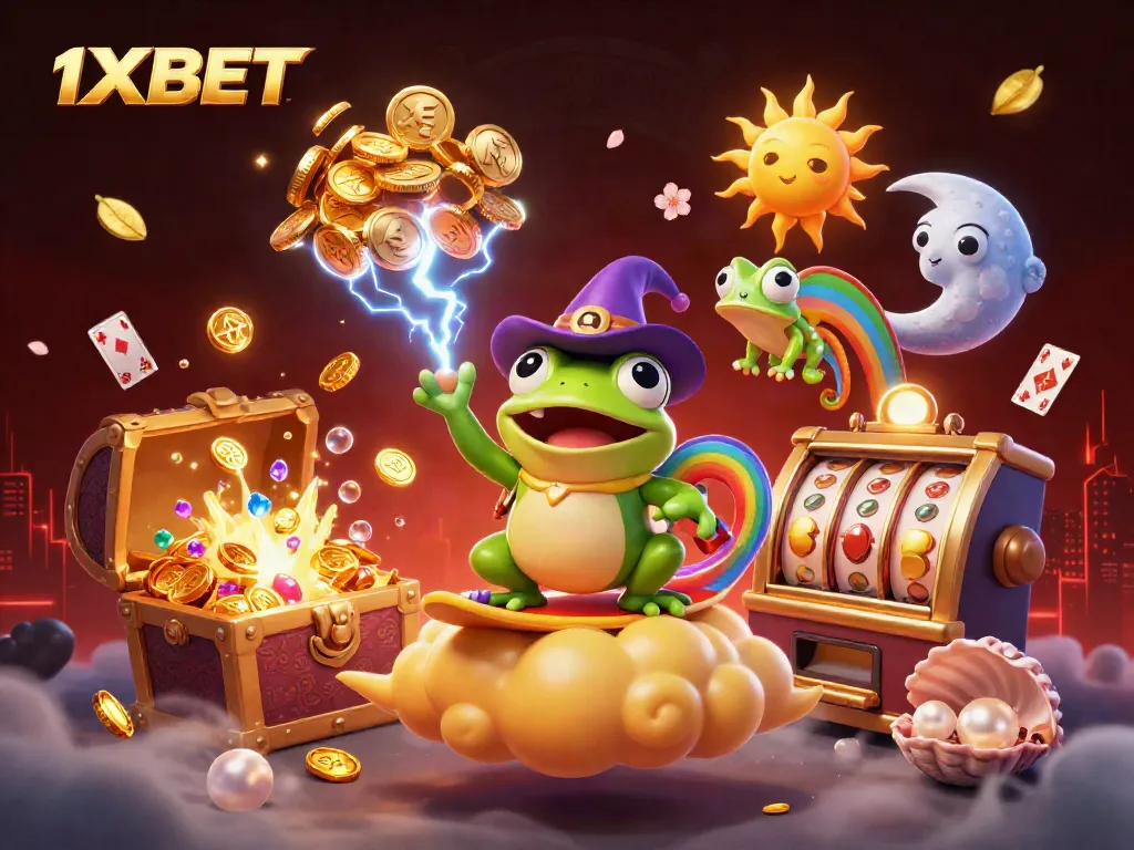 Experience thrilling 1XBET games with a vibrant storm of coins and colorful characters.