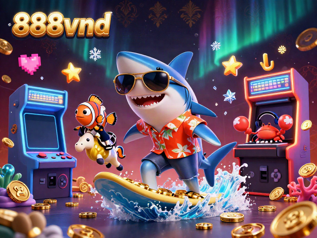 Experience excitement at 888vnd with a shark riding gold coins amidst gaming elements.