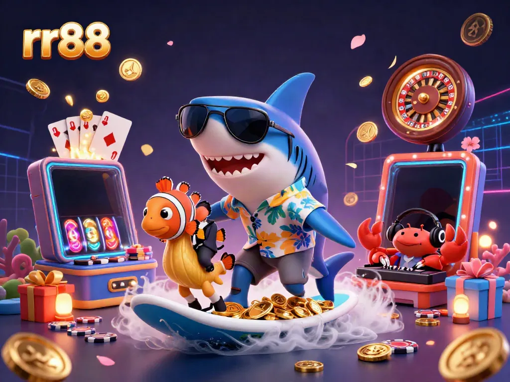 Experience the exciting world of rr88 with a vibrant 3D cartoon scene of gaming and jackpot fun.