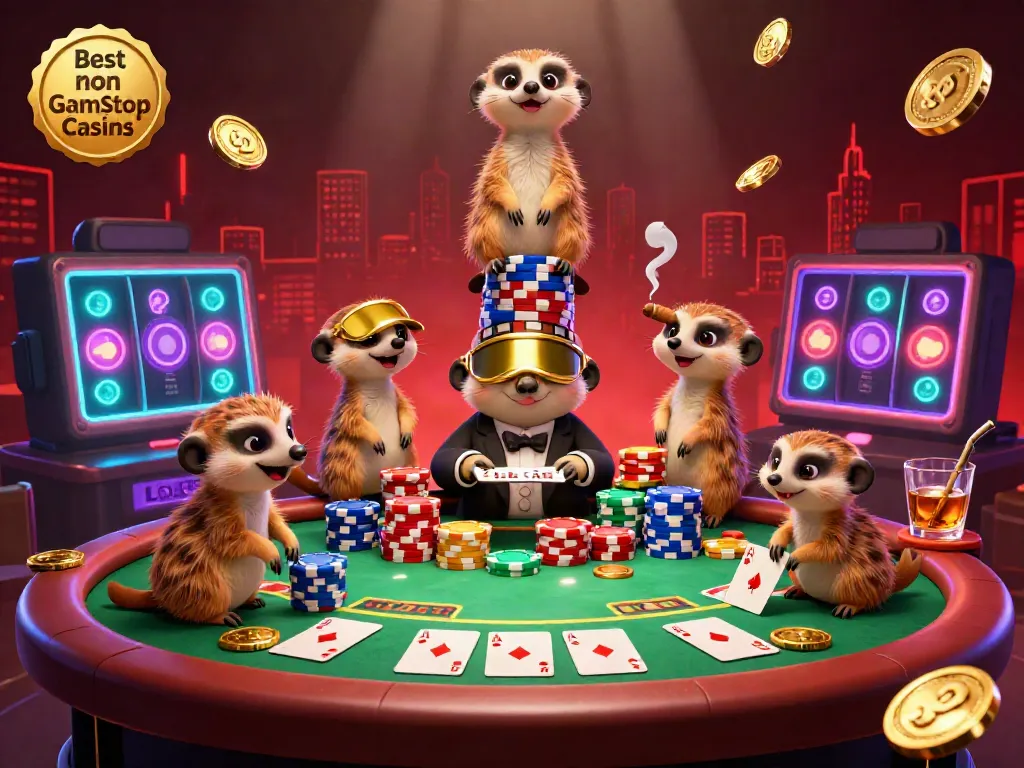 Play exciting games at Best non Gamstop Casinos with lively meerkat characters in a vibrant casino scene.