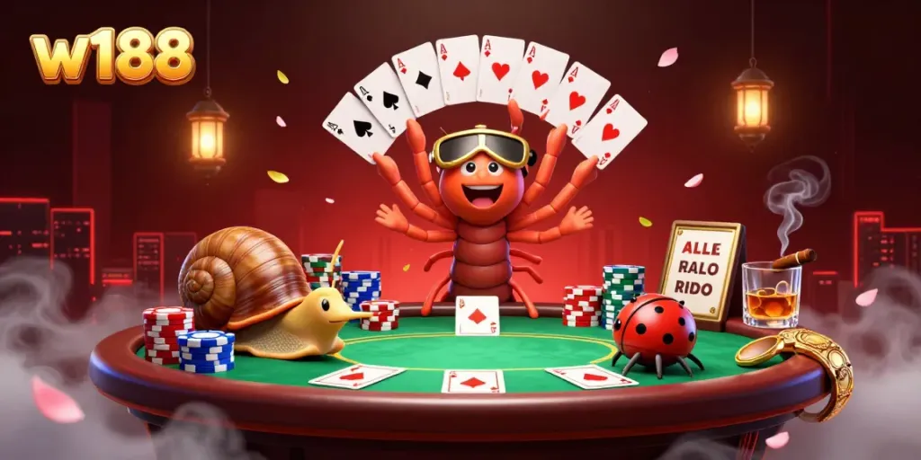 W188 casino scene with a millipede dealer, snail high-roller, and pill bug surrounded by poker elements.