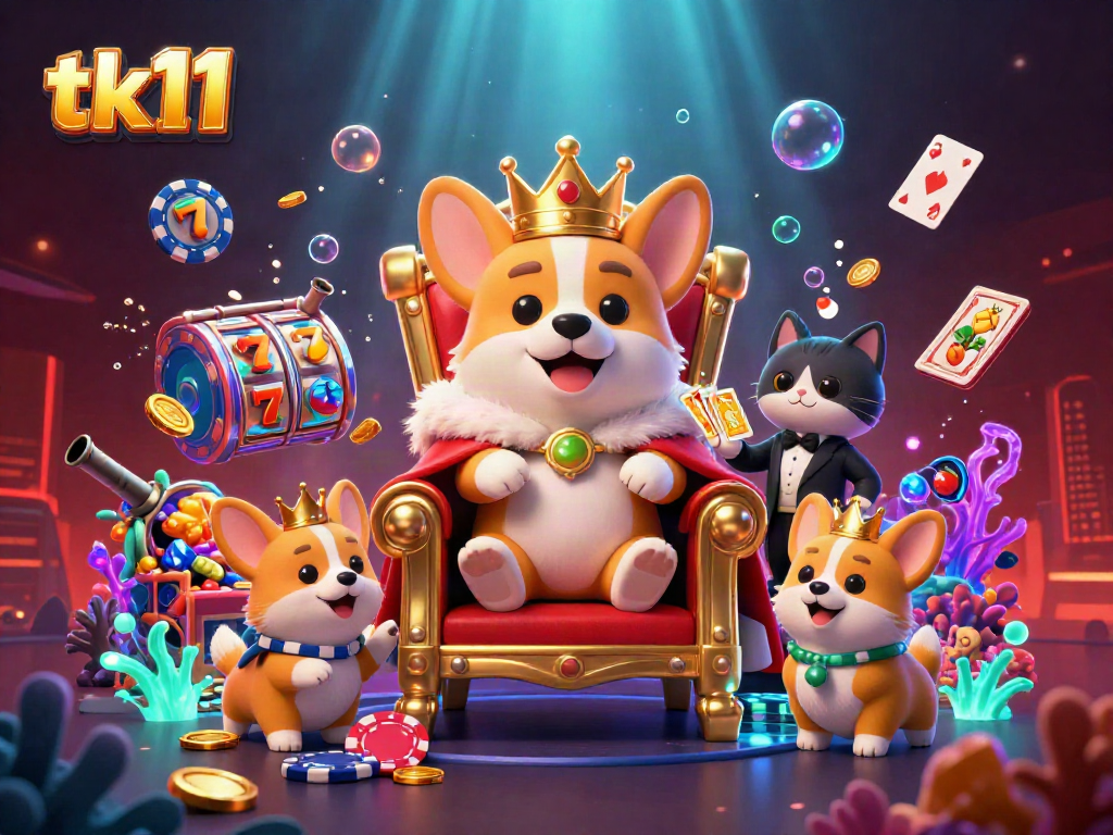 Engage in thrilling casino action with tk11 on vibrant slot reels amid corgi royalty.
