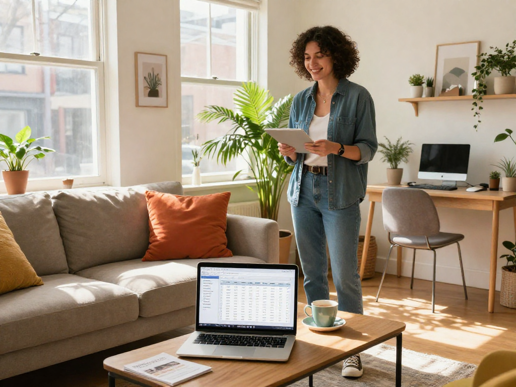 A vibrant urban Airbnb setup featuring a host displaying an airbnb host fees calculator on a laptop in a stylish living room.