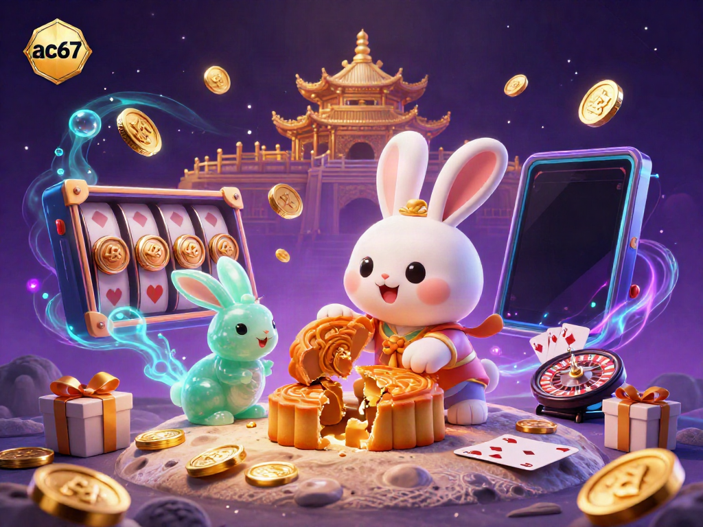 A dynamic gambling illustration with ace67 featuring a moon rabbit revealing poker chips, surrounded by casino elements.