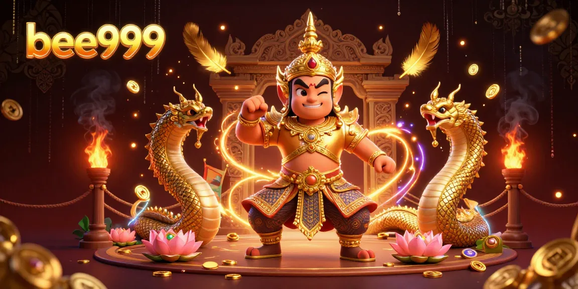 Bet on bee999 with an exciting Thai temple guardian surrounded by gold and dynamic casino elements.