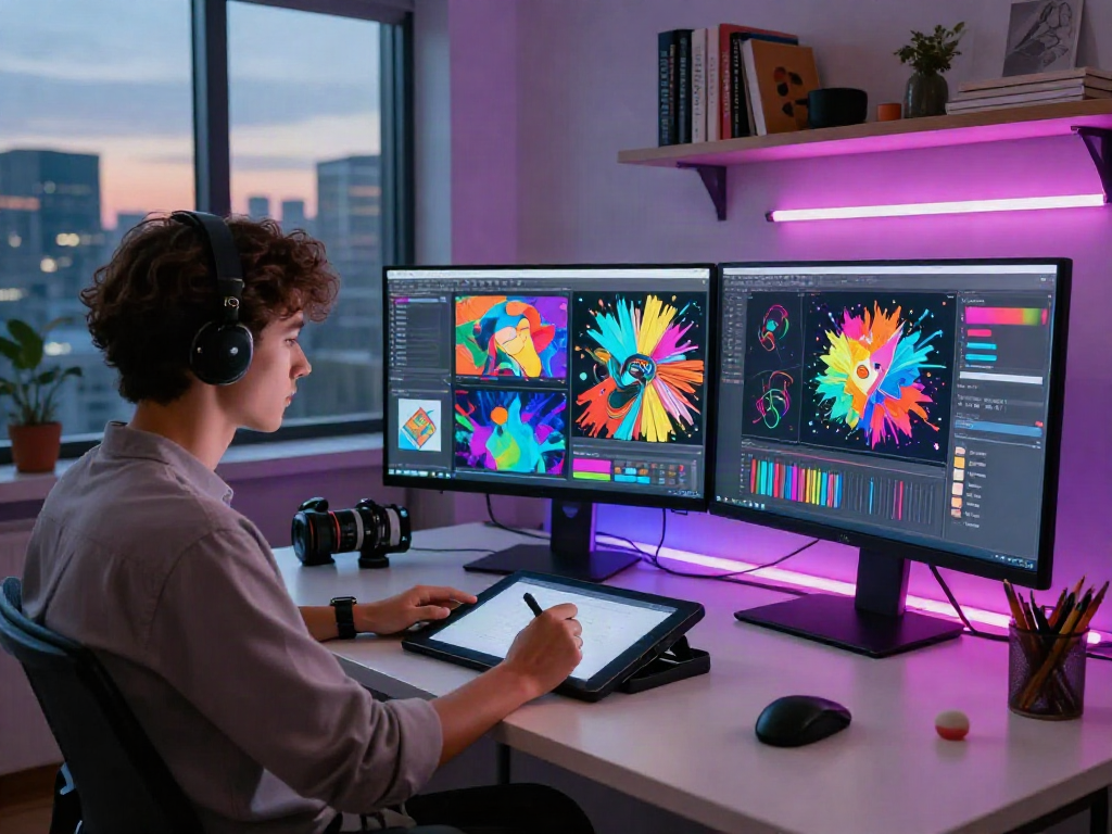 A professional artist using AI NSFW technology to create digital artwork in a modern studio setting.