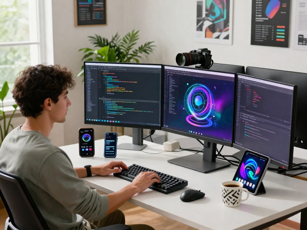 Developer coding with juicy ai tools in a bright tech workspace filled with modern gadgets and greenery.