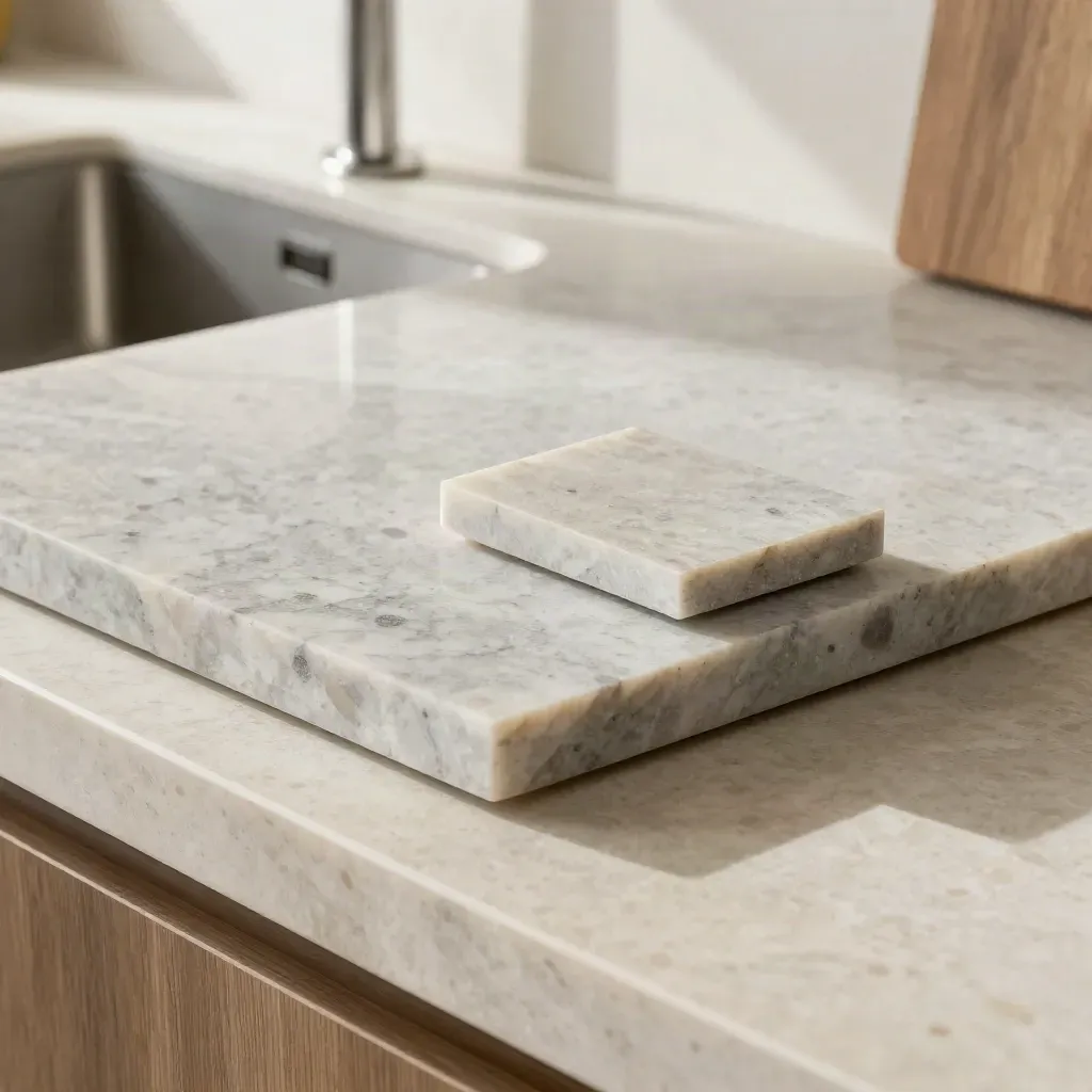 Quartz worktop slab with sink cutout, sample chip, escutcheon and end-cap on travertine.