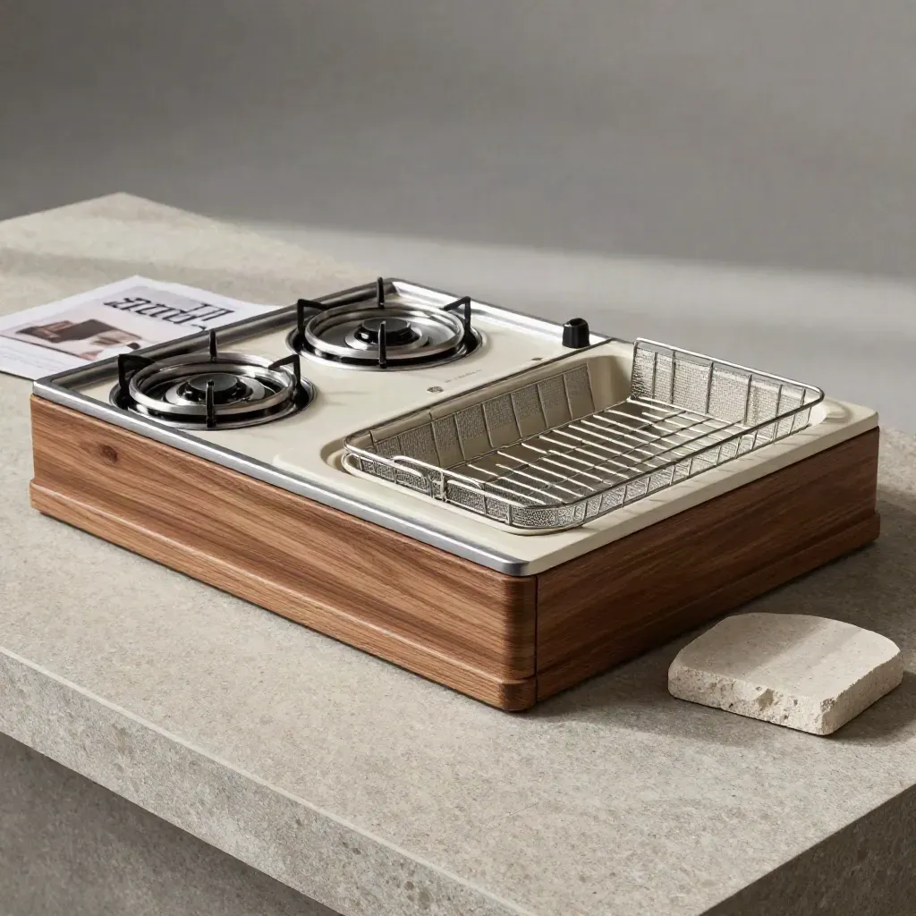 Kitchen appliance fitting bundle arranged on stone with oak accents and soft shadows