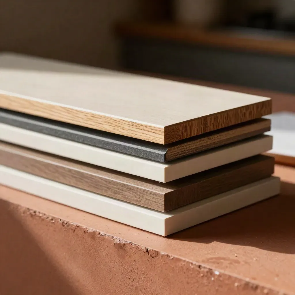 Macro stack of kitchen refurbishment doors, trim and filler panels on a terracotta fitting ledge.