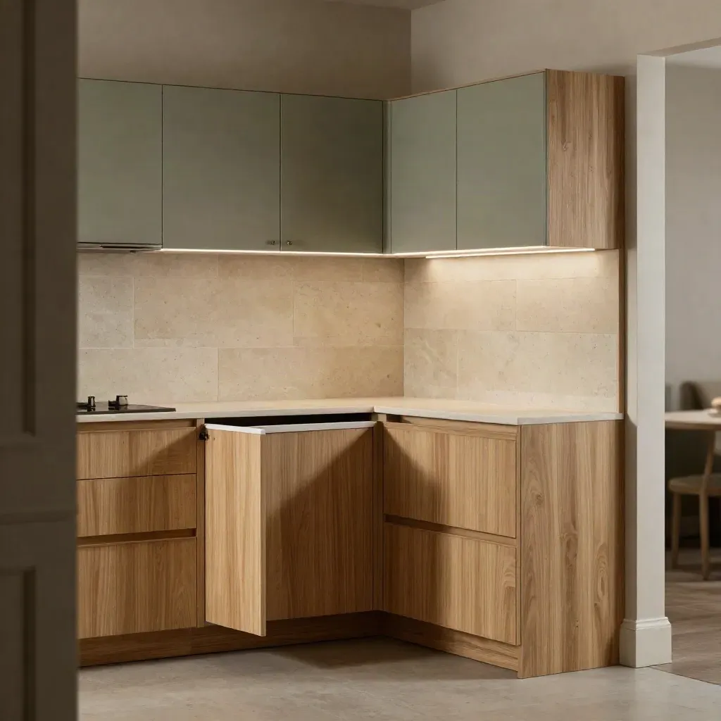 Compact L-shaped kitchen mockup with corner storage and pull-out tower in a soft sage-lit interior.