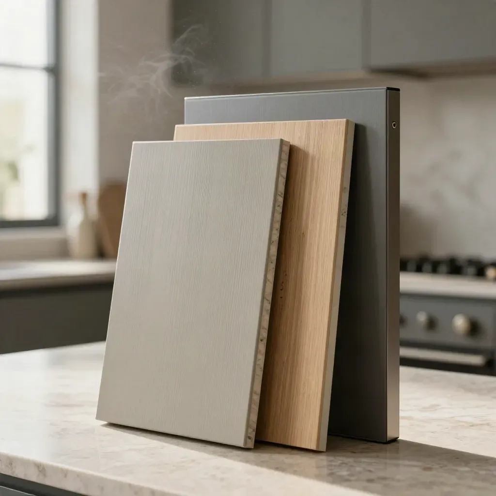 Sage kitchen sample board, oak, quartz and cabinet corner in a luxe close-up.
