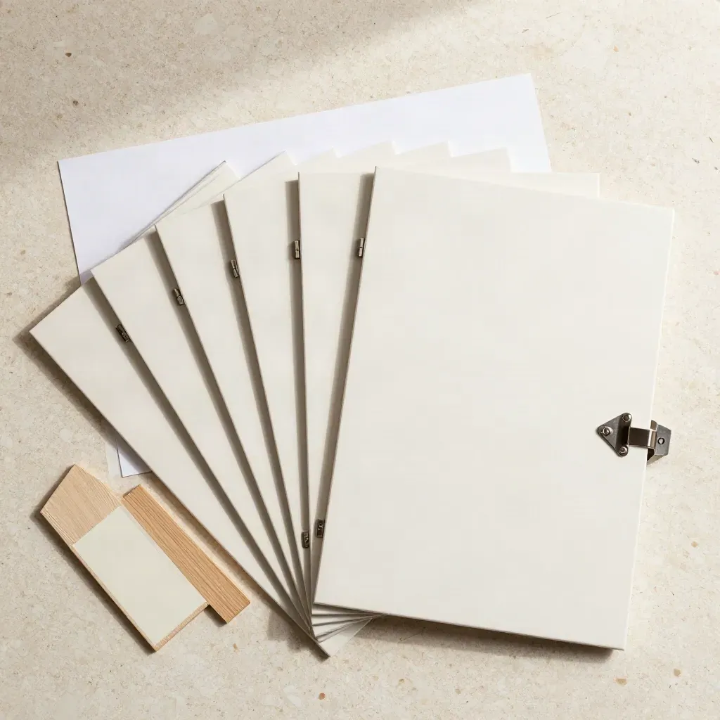 Overhead flatlay of shaker door panels, hinge cups and oak edge sample on travertine.