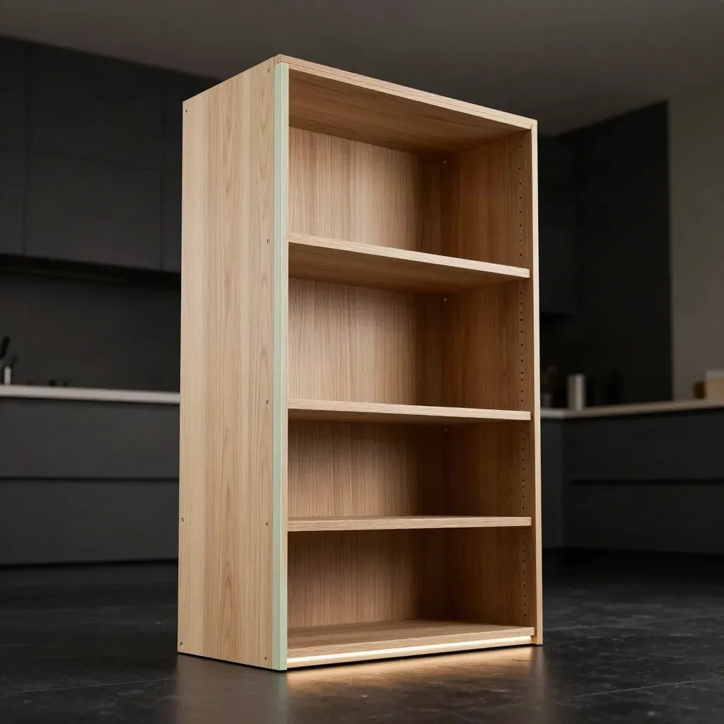 Tall slimline pantry unit carcass stack with shelves, trims and dramatic rim light