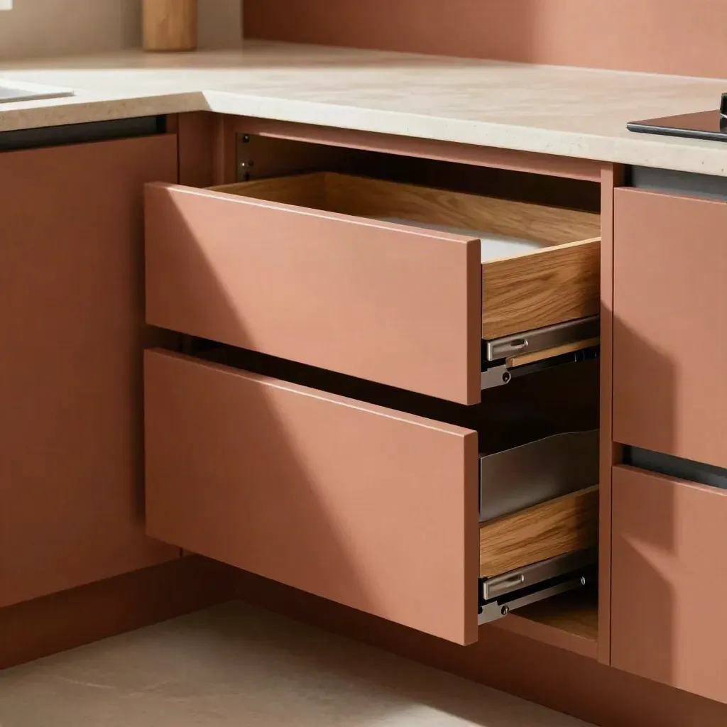 Soft-close drawer pack gliding into a fitted kitchen nook with oak and charcoal details.