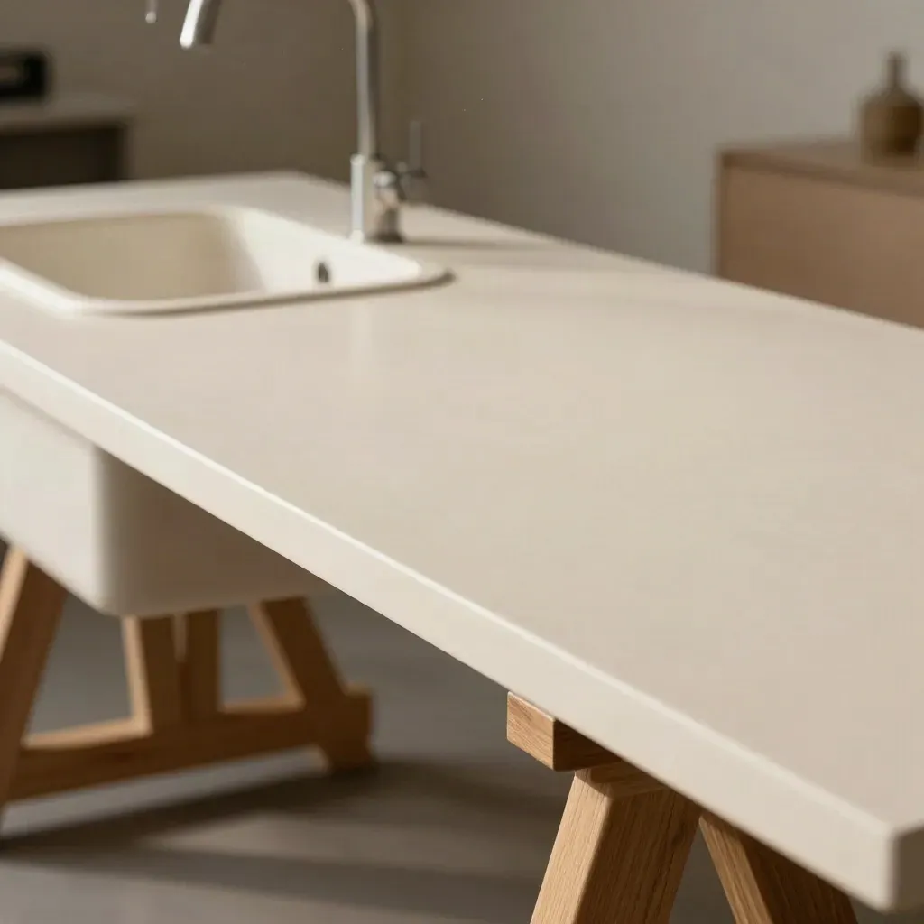 Laminate worktop run with offcut and sink cut template on an oak trestle.