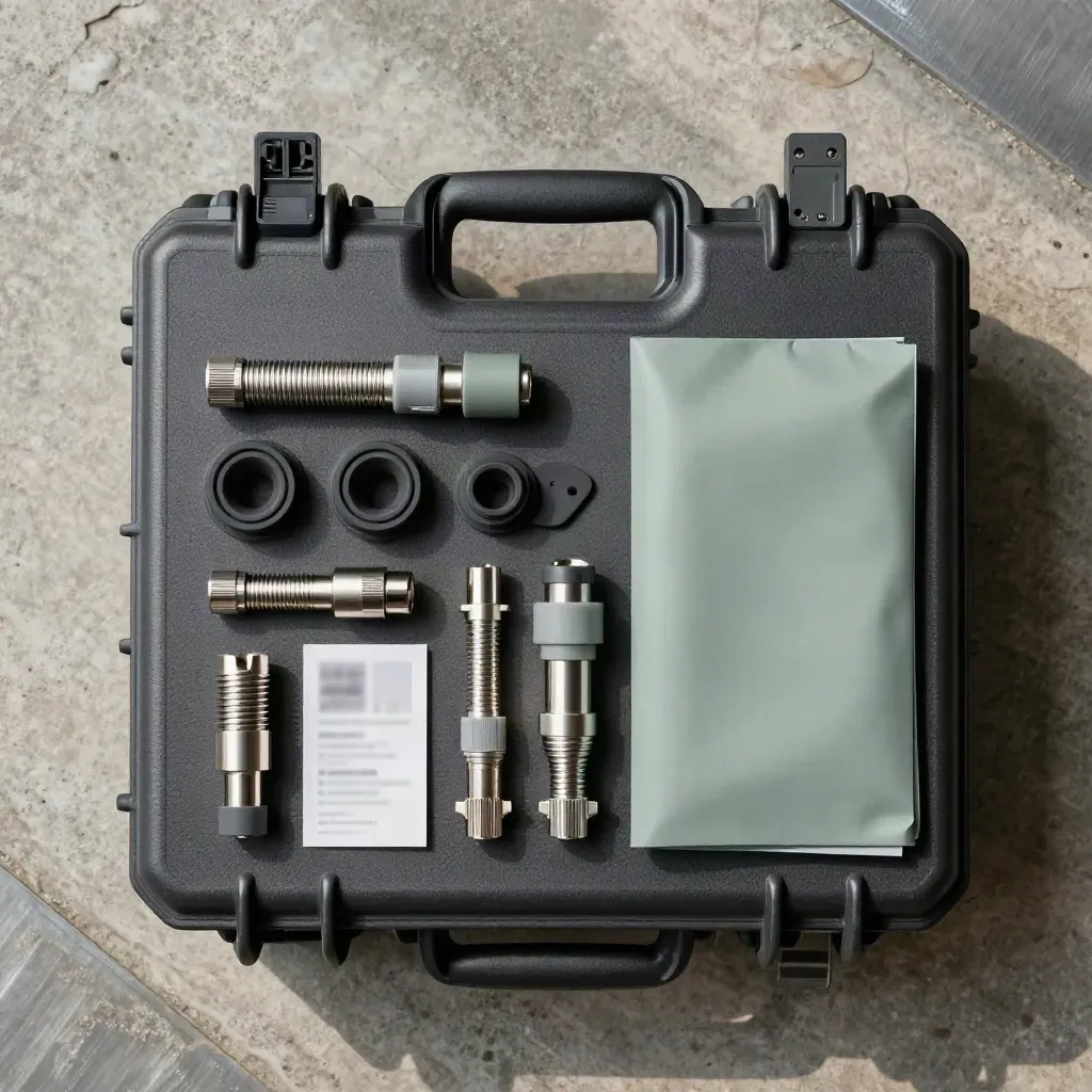 Overhead appliance fit visit kit with case, connectors, wrap and pads on concrete.
