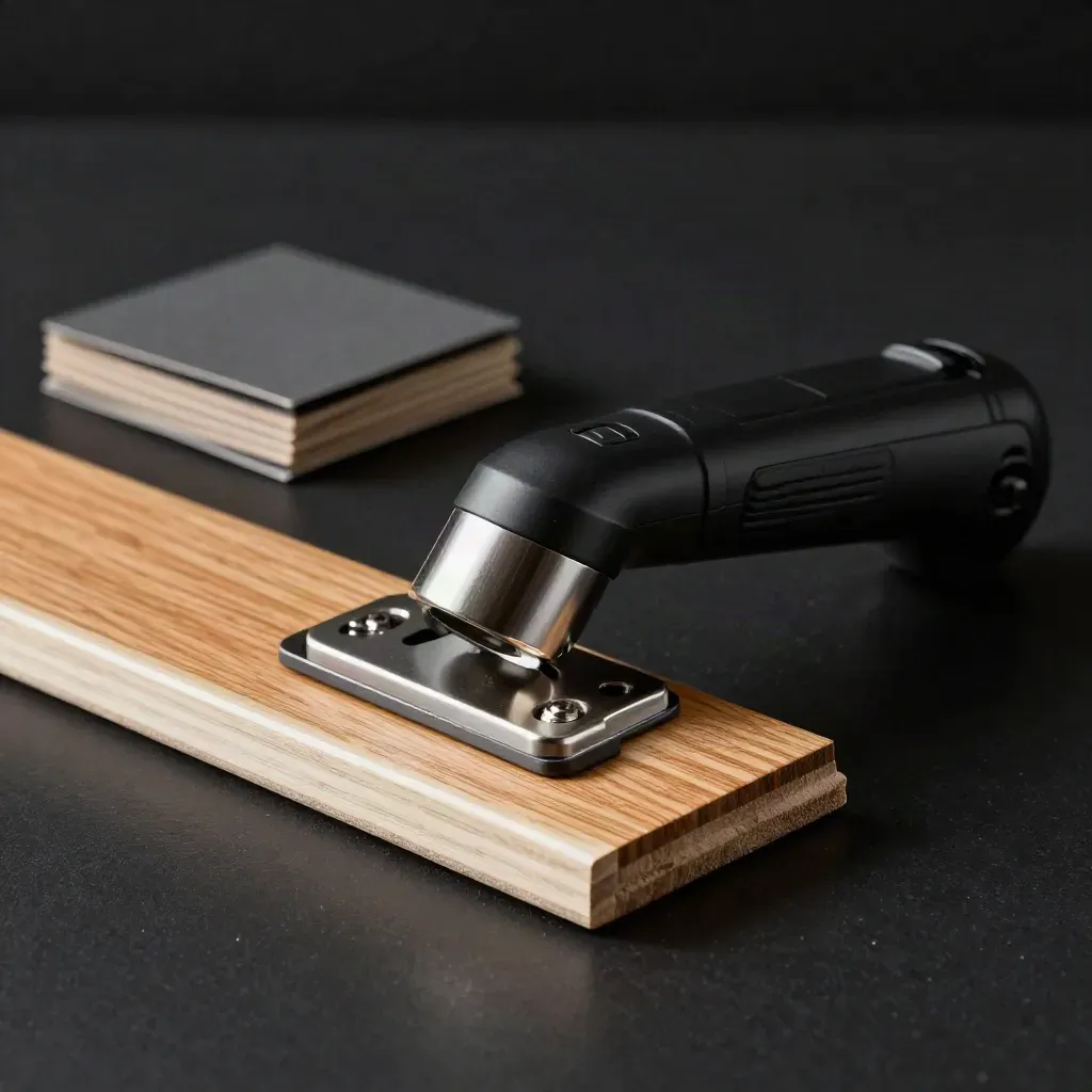 Kitchen refurb check items on dark surface: torch, hinge plate, oak strip, door edge sample.