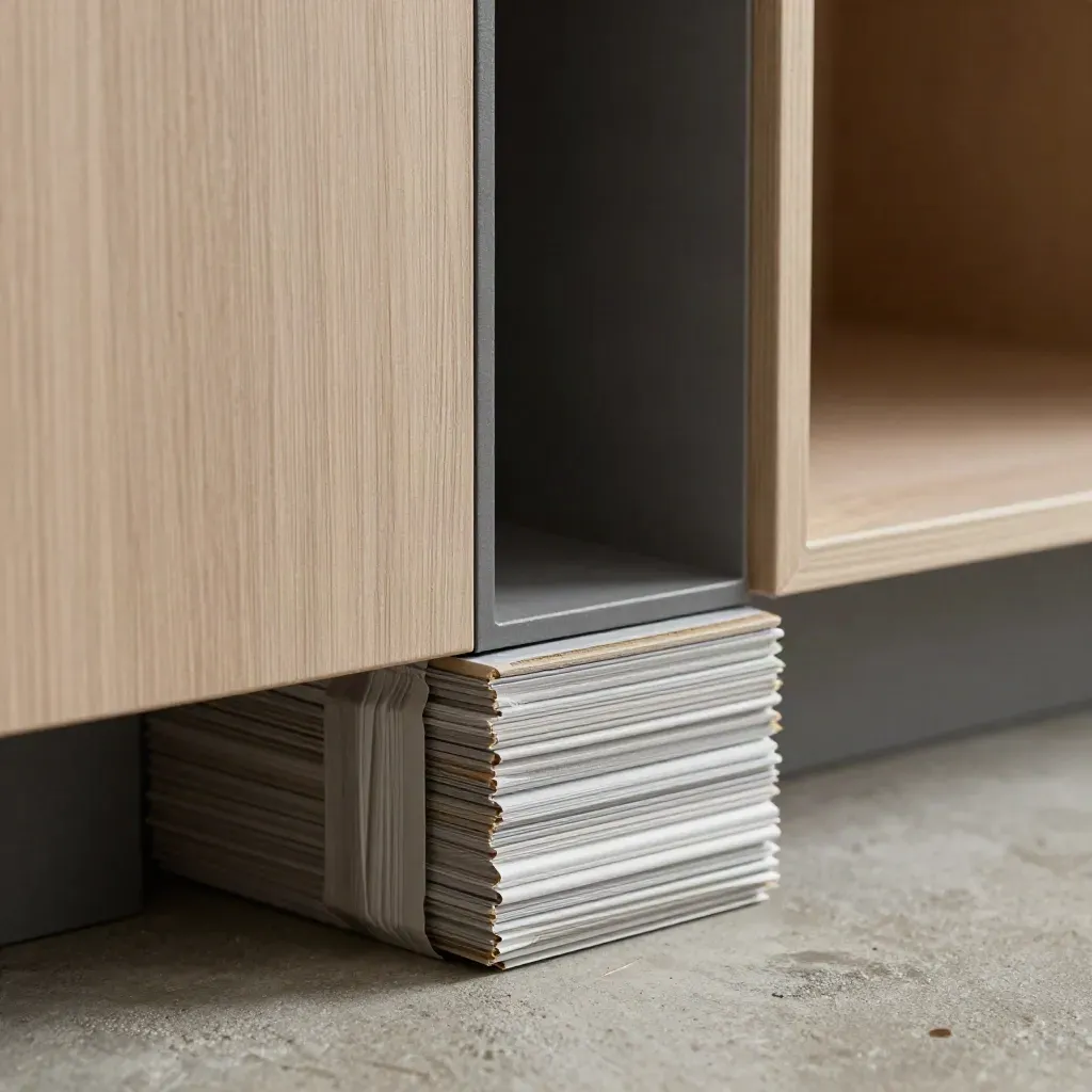 Macro of kitchen cabinet fronts, kickboard and wrap stacked on a dark concrete floor.
