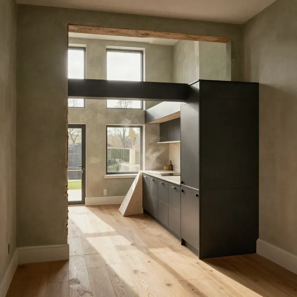 Unfinished terraced-house kitchen extension with plaster walls, oak floorboards and stacked cabinetry