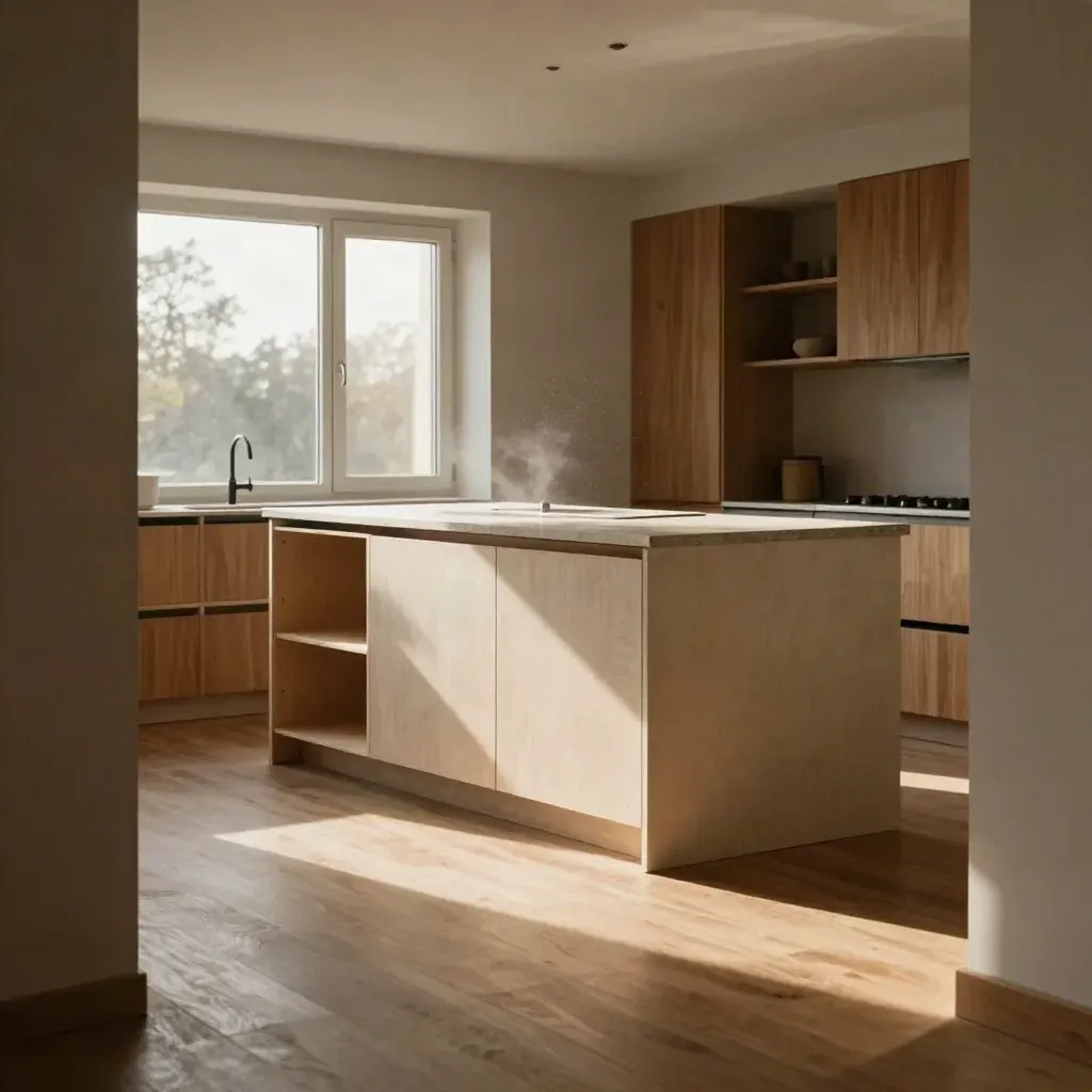 Sunlit unfinished kitchen shell with pale cabinetry, open window light and a calm oak floor.