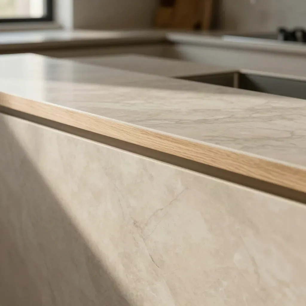 Honed marble worktop with pale oak edge and soft window glow, calm copy space below