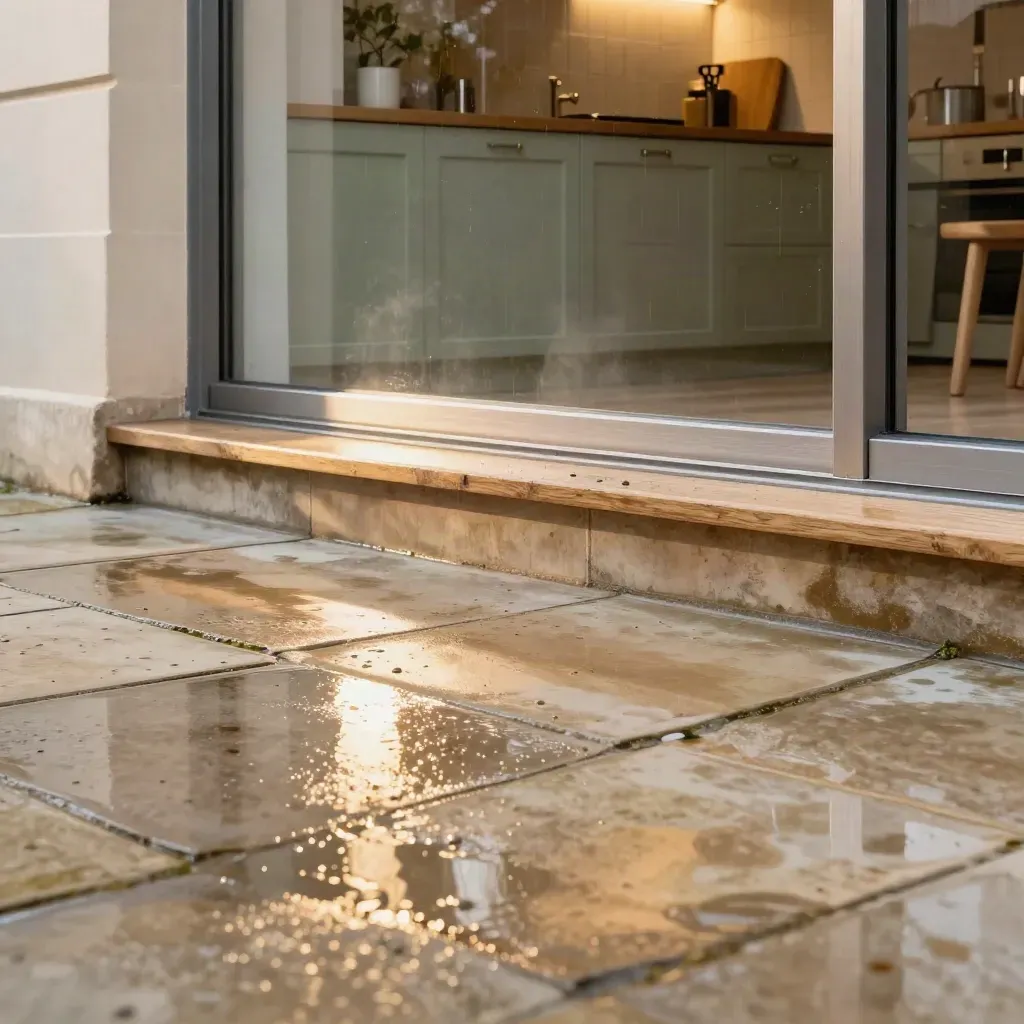 Rain-washed terrace extension with wet stone, oak threshold and warm kitchen glow