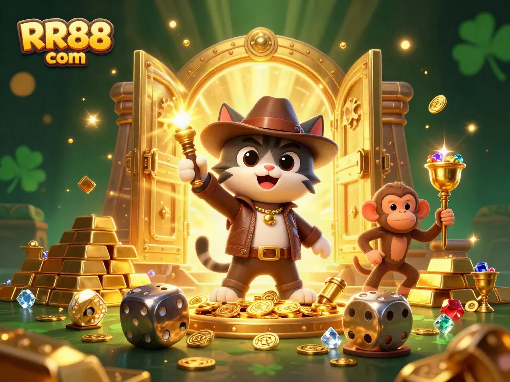 Enhance your gaming experience with RR88 com as the cat explorer discovers treasure in this vibrant casino scene.