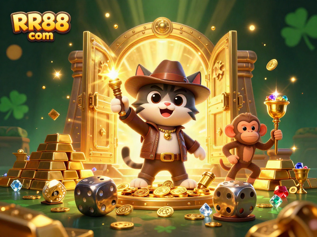 Enhance your gaming experience with RR88 com as the cat explorer discovers treasure in this vibrant casino scene.