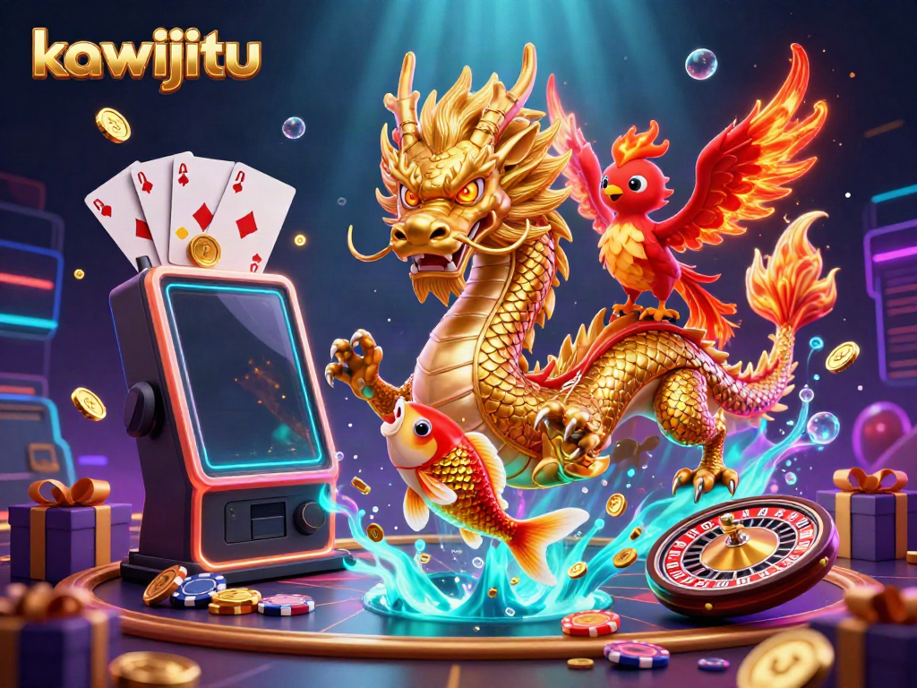 Kawijitu features a fierce golden dragon, phoenix, and koi fish amidst vibrant casino elements.
