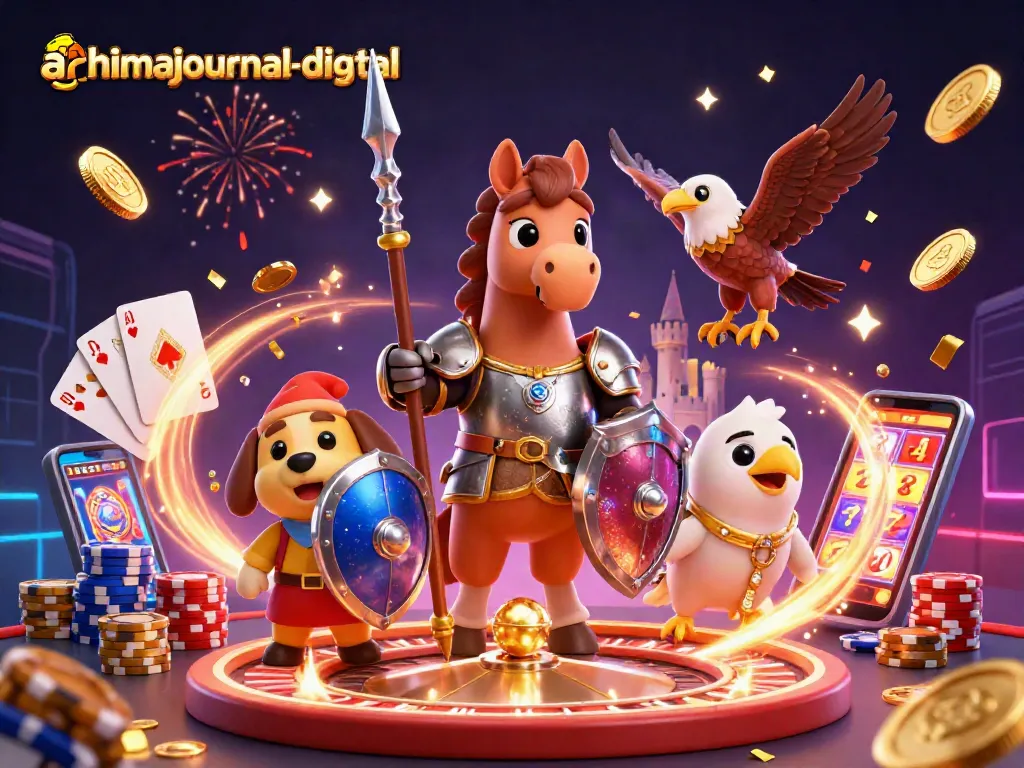 Engage in lively casino action with ahimajournal-digital: Medieval knight, squire puppy, and falcon amidst slot machines and golden coins.